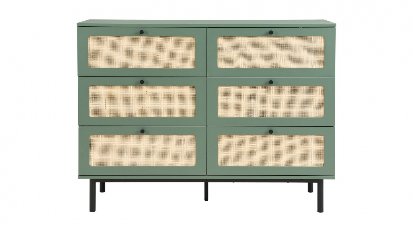 Commode en cannage 6 tiroirs verte 120cm - Luma