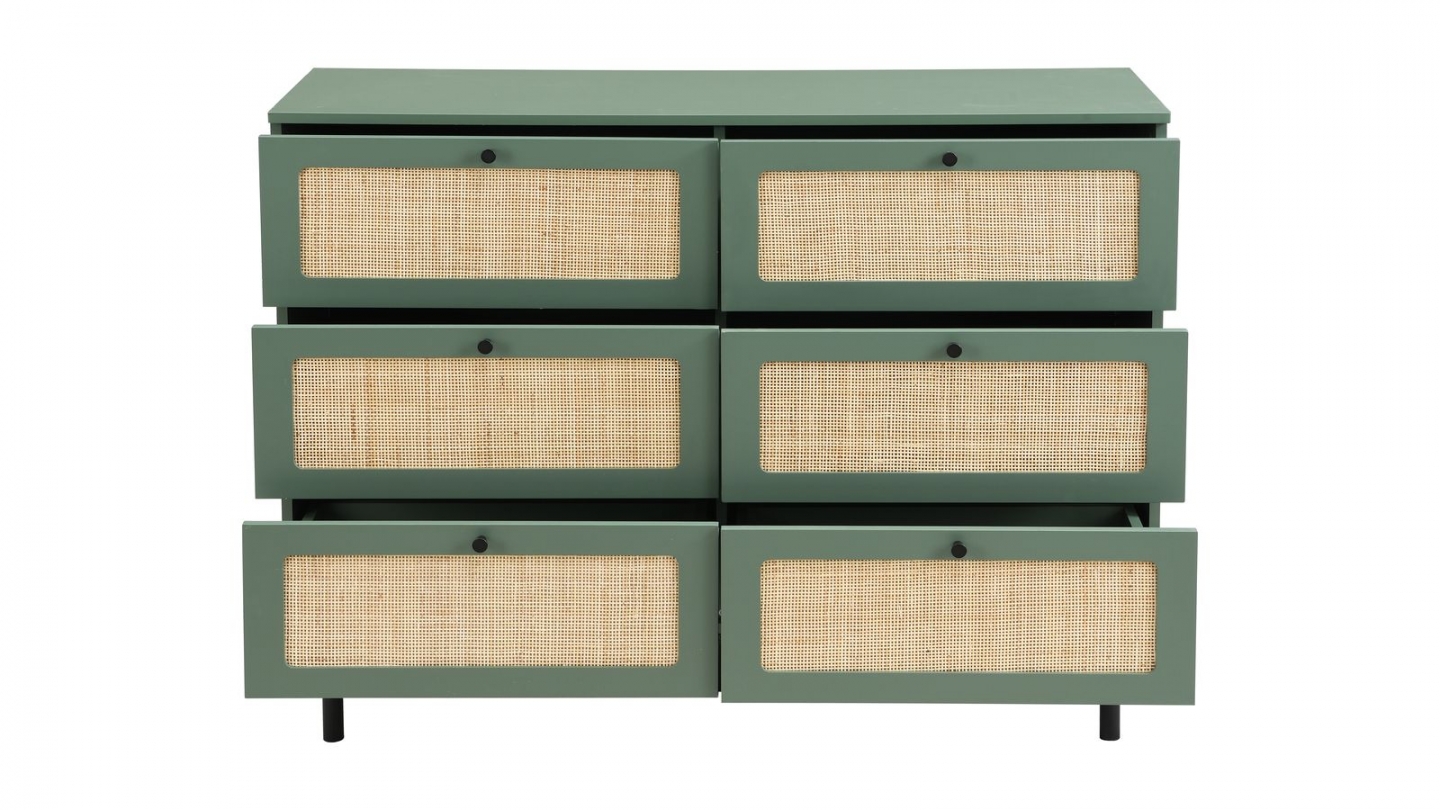 Commode en cannage 6 tiroirs verte 120cm - Luma