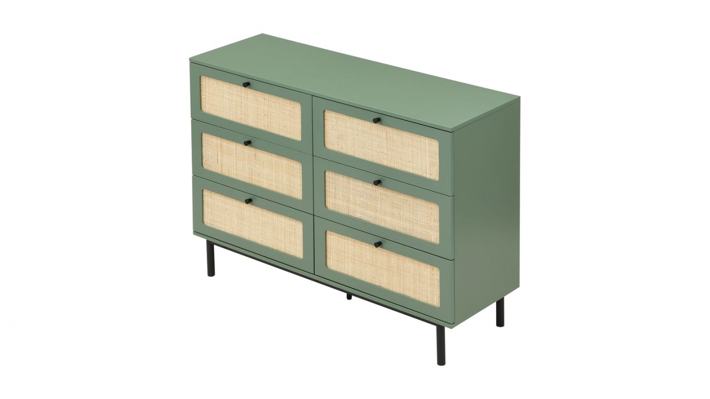 Commode en cannage 6 tiroirs verte 120cm - Luma