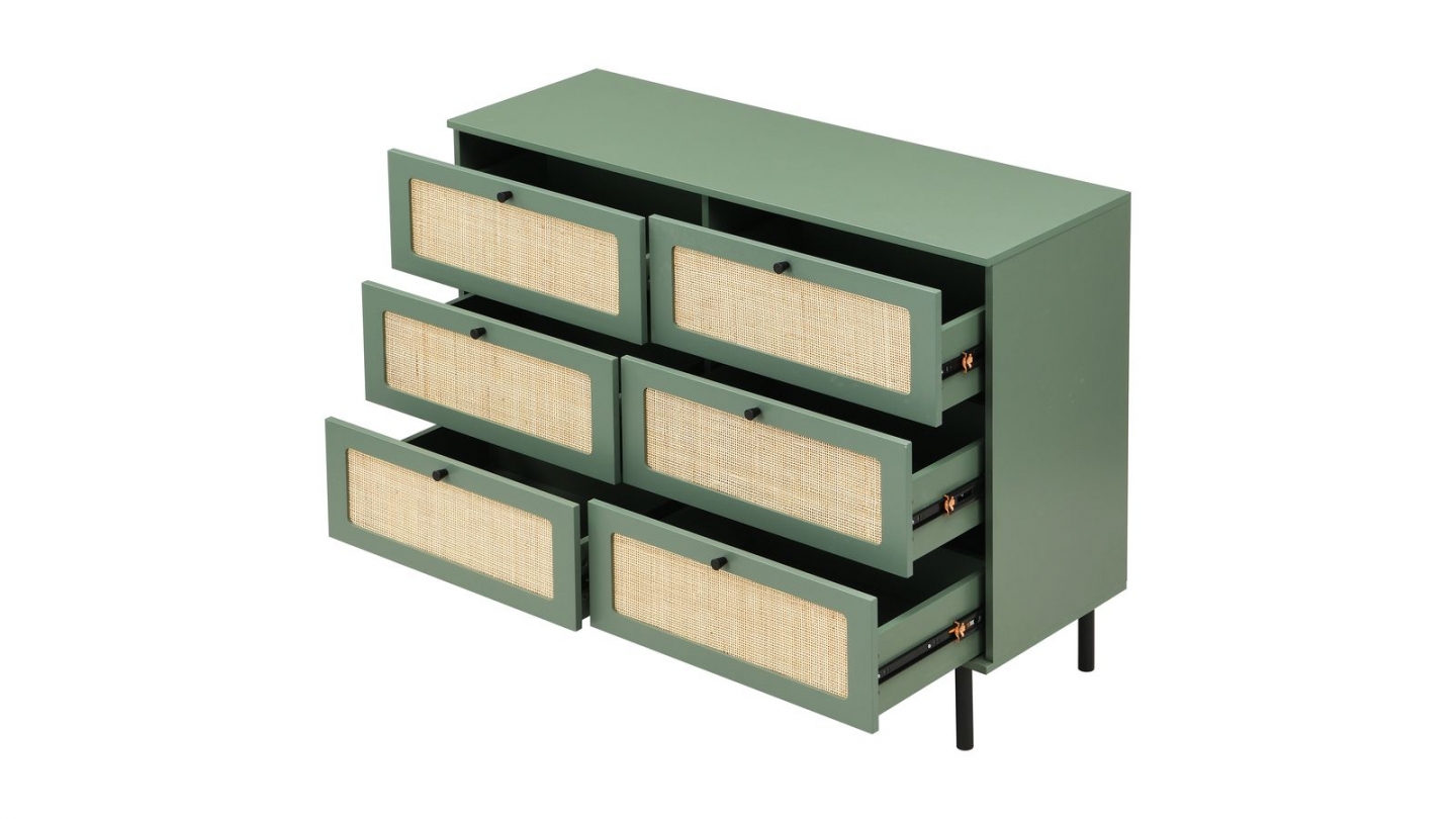 Commode en cannage 6 tiroirs verte 120cm - Luma