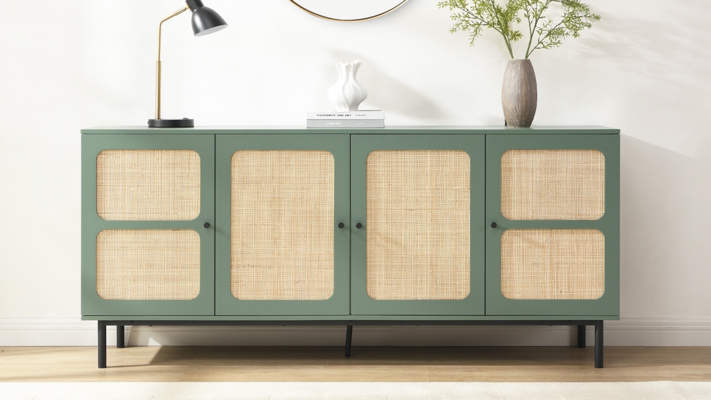 Buffet en cannage 4 portes 180cm vert - Luma