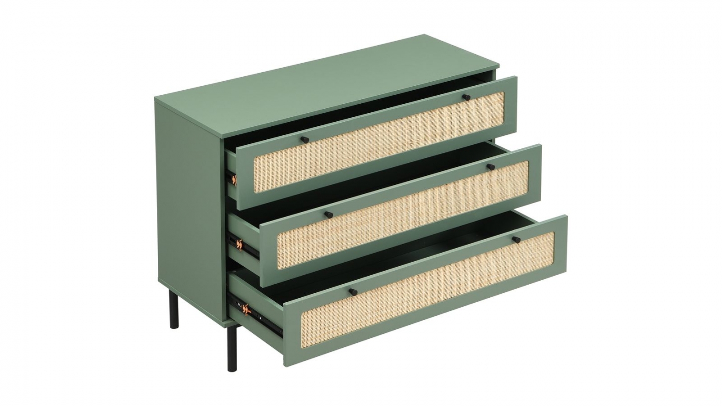 Commode en cannage 3 tiroirs verte 105cm - Luma