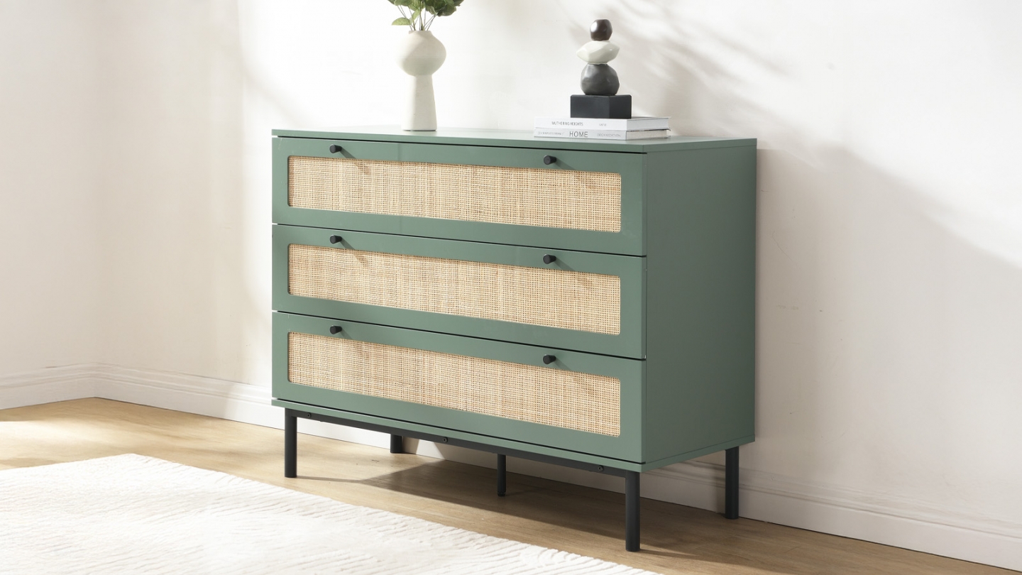 Commode en cannage 3 tiroirs verte 105cm - Luma