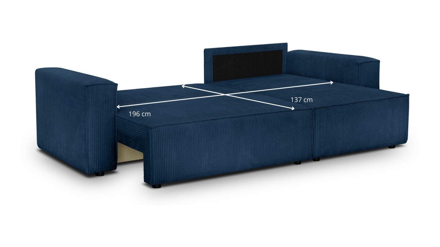 Canapé d'angle convertible réversible 4 places avec coffre de rangement en velours côtelé bleu - Livia Canapé d'angle convertible réversible 4 places avec coffre de rangement en velours côtelé bleu - Livia