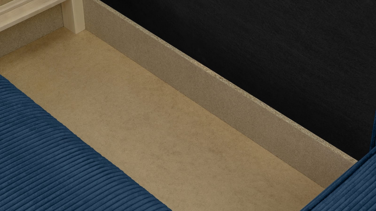 Canapé d'angle convertible réversible 4 places avec coffre de rangement en velours côtelé bleu - Livia Canapé d'angle convertible réversible 4 places avec coffre de rangement en velours côtelé bleu - Livia