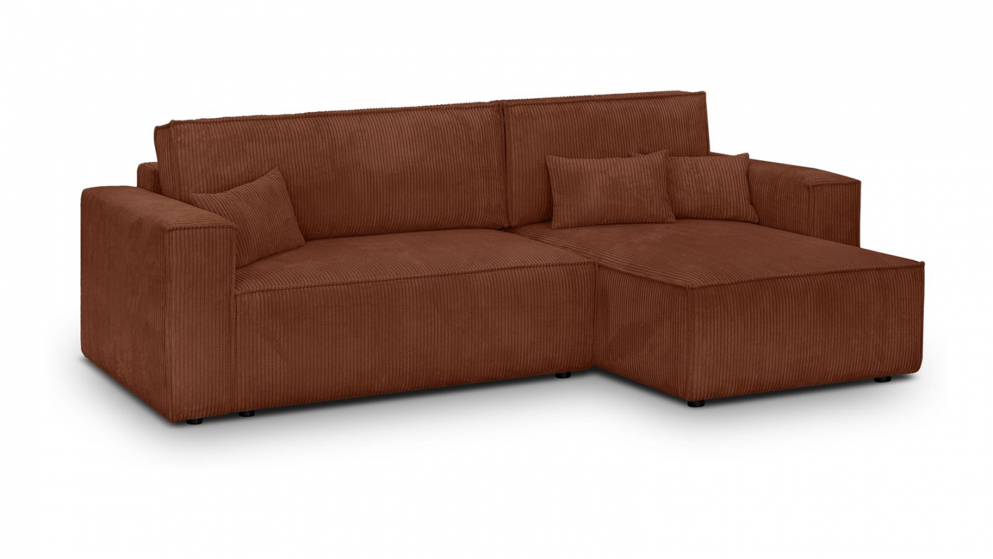 Canapé d'angle convertible réversible 4 places avec coffre de rangement en velours côtelé rouille - Livia Canapé d'angle convertible réversible 4 places avec coffre de rangement en velours côtelé rouille - Livia