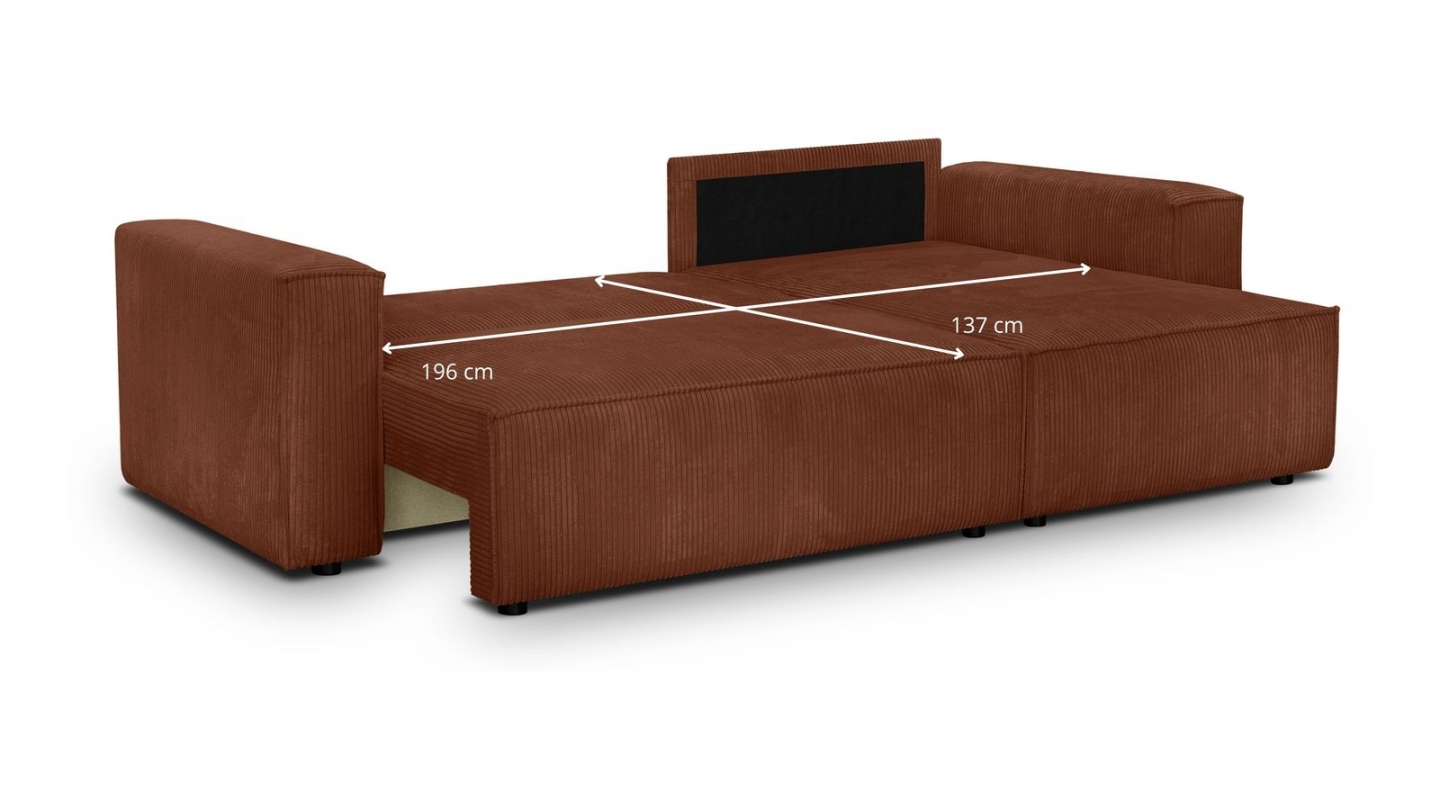 Canapé d'angle convertible réversible 4 places avec coffre de rangement en velours côtelé rouille - Livia Canapé d'angle convertible réversible 4 places avec coffre de rangement en velours côtelé rouille - Livia