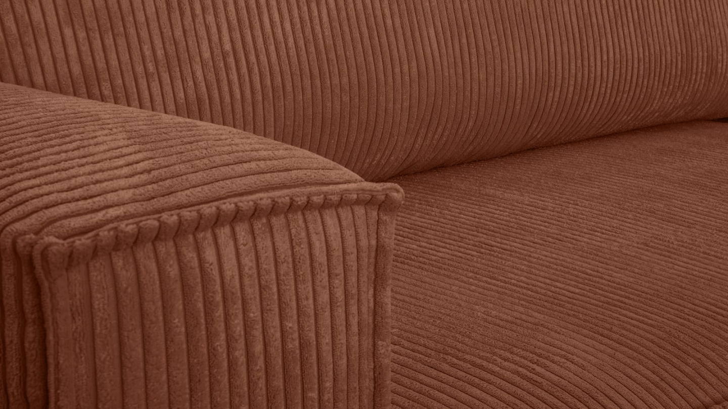 Canapé d'angle convertible réversible 4 places avec coffre de rangement en velours côtelé rouille - Livia Canapé d'angle convertible réversible 4 places avec coffre de rangement en velours côtelé rouille - Livia