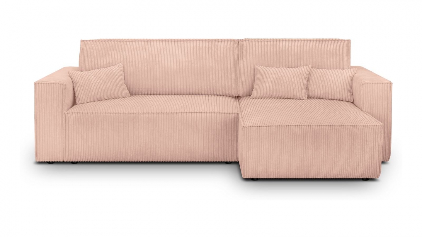 Canapé d'angle convertible réversible 4 places avec coffre de rangement en velours côtelé rose pâle - Livia Canapé d'angle convertible réversible 4 places avec coffre de rangement en velours côtelé rose pâle - Livia