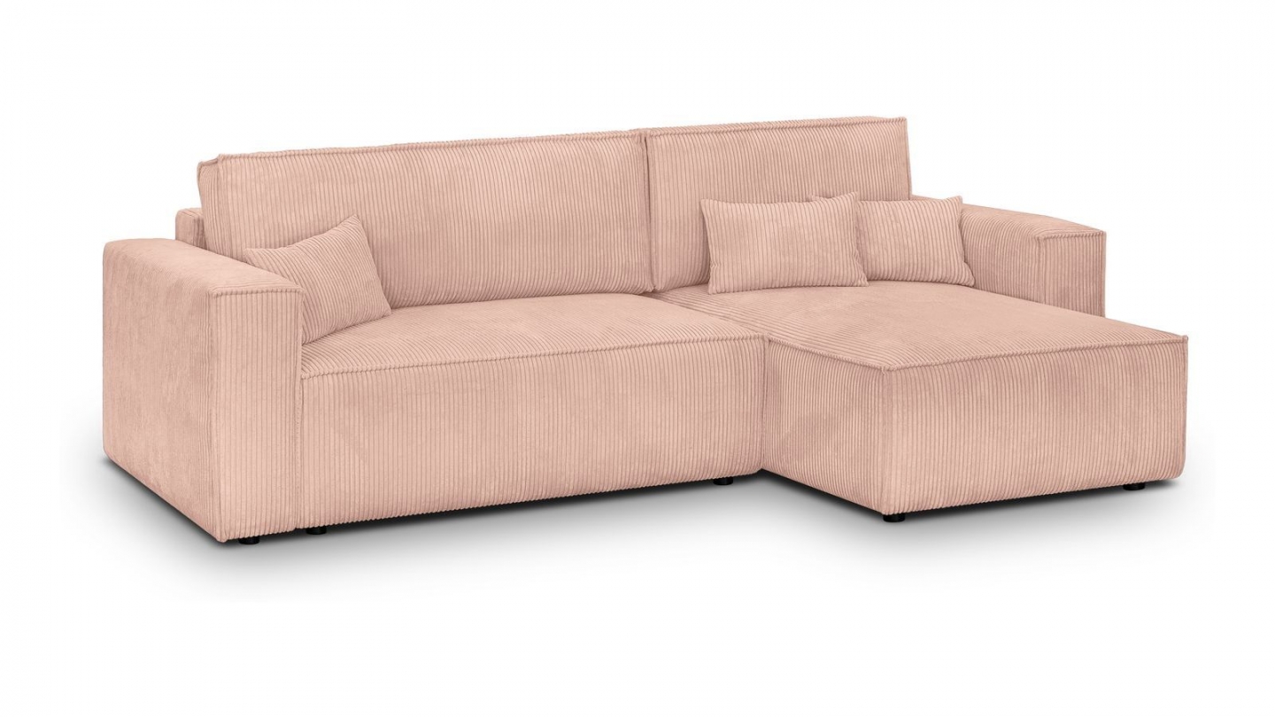 Canapé d'angle convertible réversible 4 places avec coffre de rangement en velours côtelé rose pâle - Livia Canapé d'angle convertible réversible 4 places avec coffre de rangement en velours côtelé rose pâle - Livia