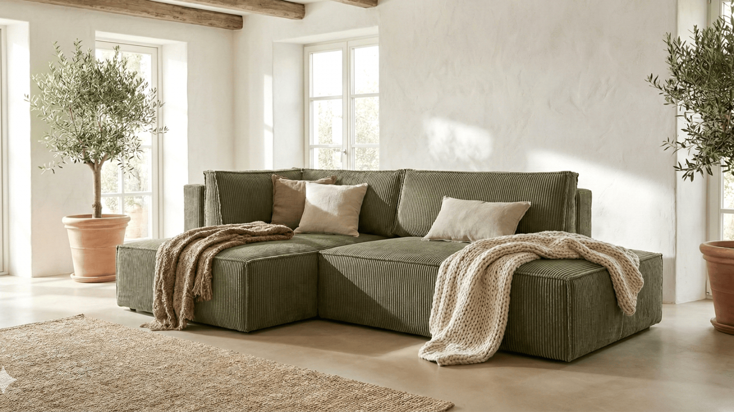 Canapé d'angle à gauche convertible 3 places avec coffre de rangement en velours côtelé vert kaki - Barani Canapé d'angle à gauche convertible 3 places avec coffre de rangement en velours côtelé vert kaki - Barani