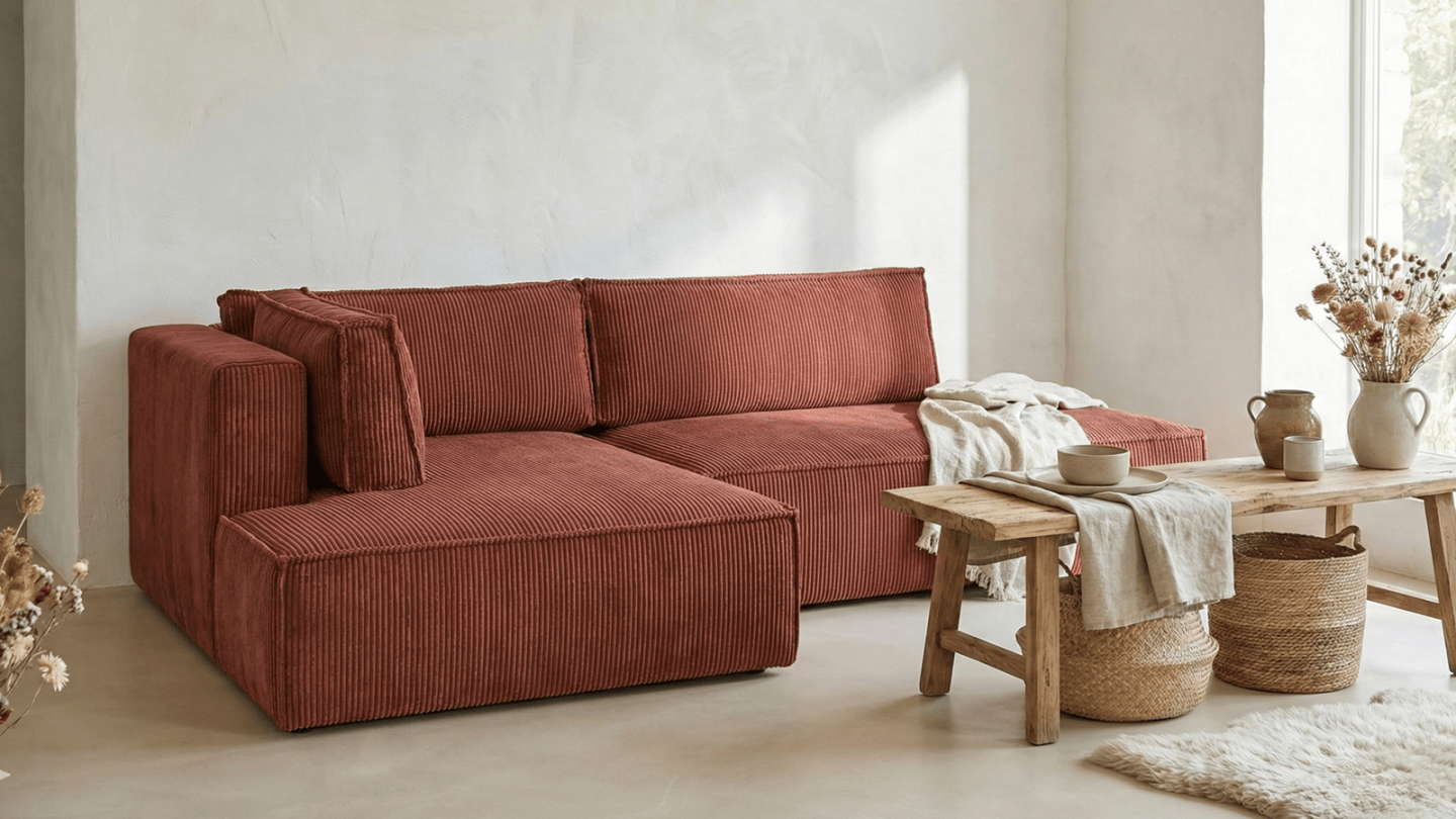 Canapé d'angle à gauche convertible 3 places avec coffre de rangement en velours côtelé rouille - Barani Canapé d'angle à gauche convertible 3 places avec coffre de rangement en velours côtelé rouille - Barani