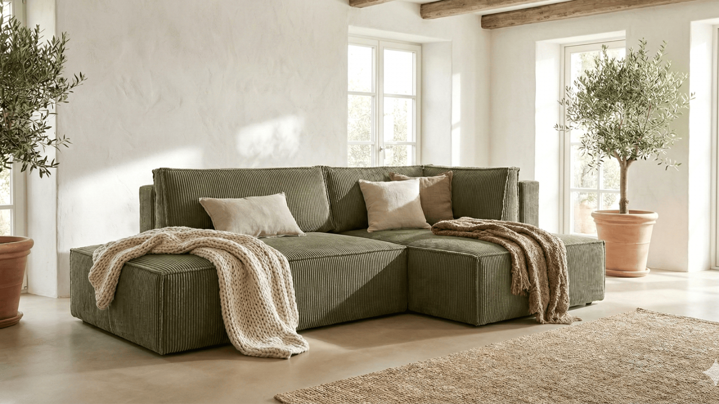 Canapé d'angle à droite convertible 3 places avec coffre de rangement en velours côtelé vert kaki - Barani Canapé d'angle à droite convertible 3 places avec coffre de rangement en velours côtelé vert kaki - Barani