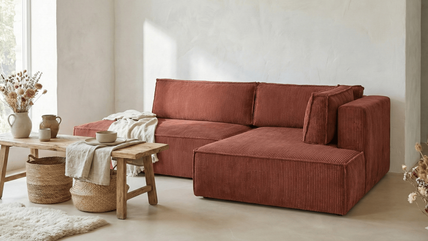Canapé d'angle à droite convertible 3 places avec coffre de rangement en velours côtelé rouille - Barani Canapé d'angle à droite convertible 3 places avec coffre de rangement en velours côtelé rouille - Barani