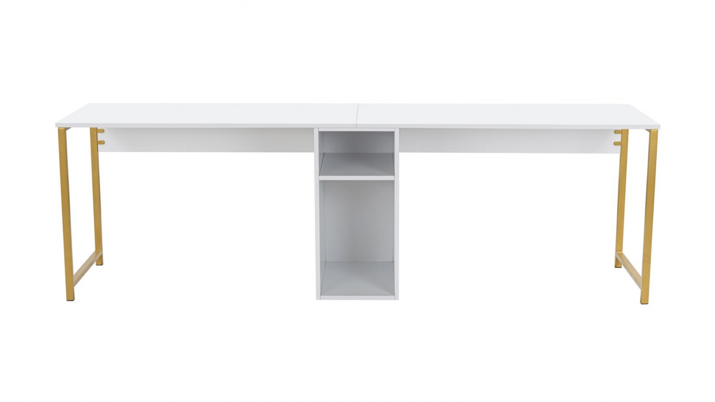 Bureau double avec rangement central blanc, piètement doré 240 cm - Orsa Bureau double avec rangement central blanc, piètement doré 240 cm - Orsa