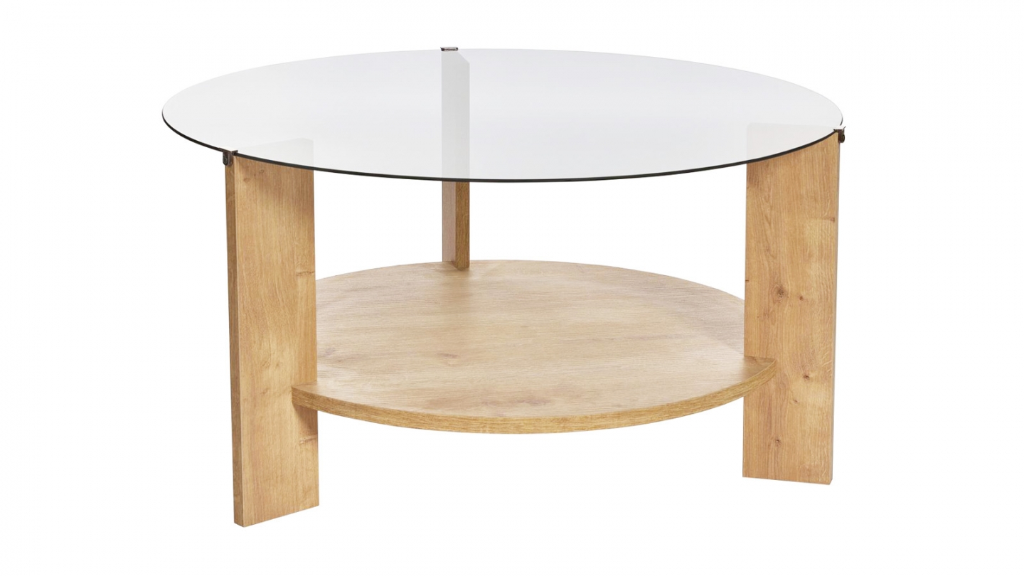 Table basse ronde effet Chêne et verre fumé Ø75 cm - Elora Table basse ronde effet Chêne et verre fumé Ø75 cm - Elora