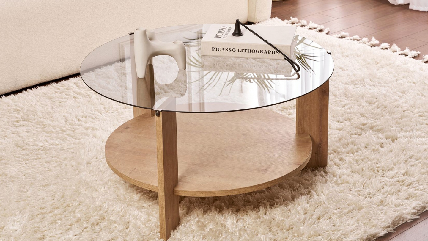 Table basse ronde effet Chêne et verre fumé Ø75 cm - Elora Table basse ronde effet Chêne et verre fumé Ø75 cm - Elora