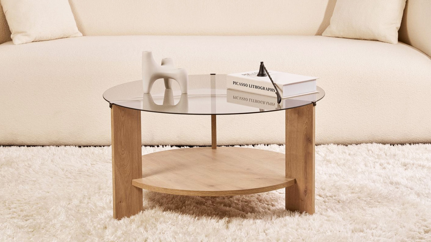 Table basse ronde effet Chêne et verre fumé Ø75 cm - Elora Table basse ronde effet Chêne et verre fumé Ø75 cm - Elora