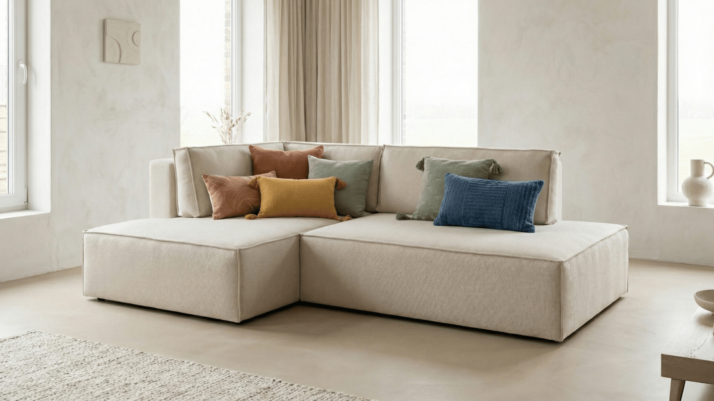 Canapé d'angle à gauche convertible 3 places avec coffre de rangement en tissu beige - Barani Canapé d'angle à gauche convertible 3 places avec coffre de rangement en tissu beige - Barani