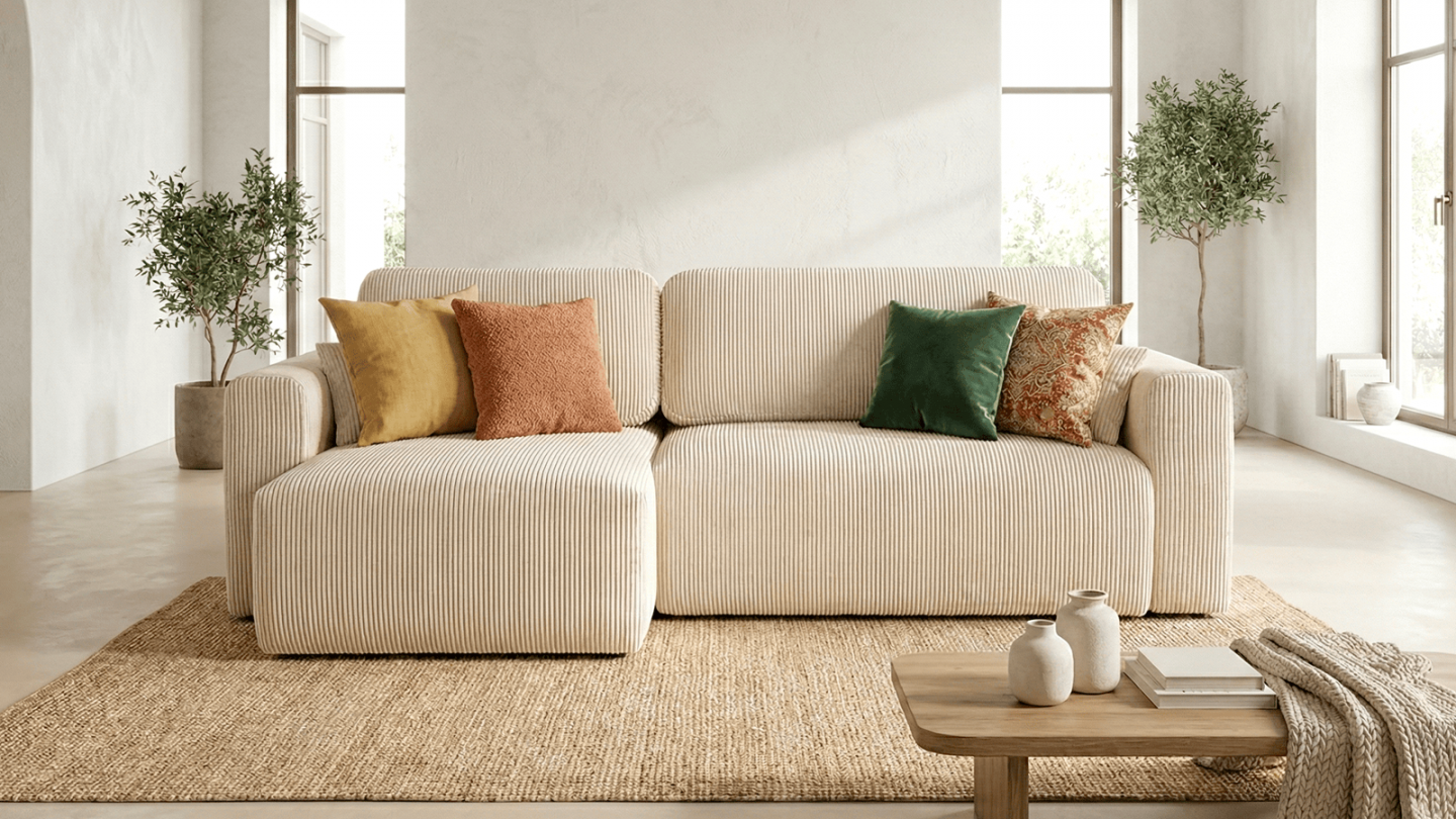 Canapé d'angle réversible convertible 4 places avec coffre de rangement en velours côtelé beige - Davis Canapé d'angle réversible convertible 4 places avec coffre de rangement en velours côtelé beige - Davis