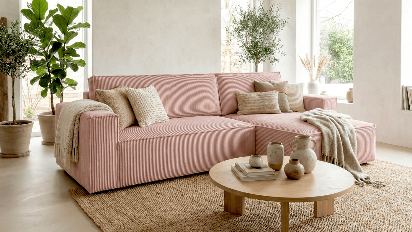 Canapé d'angle convertible réversible 4 places avec coffre de rangement en velours côtelé rose pâle - Livia Canapé d'angle convertible réversible 4 places avec coffre de rangement en velours côtelé rose pâle - Livia