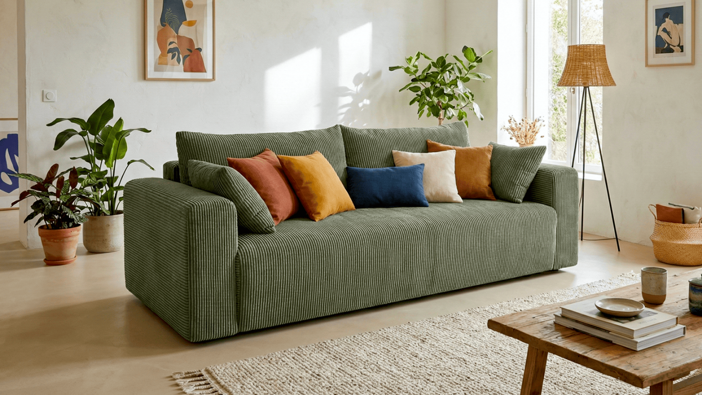 Canapé convertible 3 places en velours côtelé vert kaki - Fjord Canapé convertible 3 places en velours côtelé vert kaki - Fjord