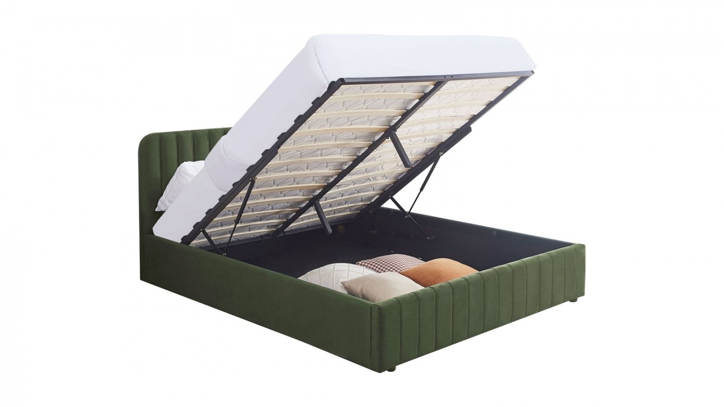 Ensemble Lit coffre adulte 160x200cm avec tête de lit en velours vert kaki - Ava + Matelas mémoire de forme - Memo HR Ensemble Lit coffre adulte 160x200cm avec tête de lit en velours vert kaki - Ava + Matelas mémoire de forme - Memo HR