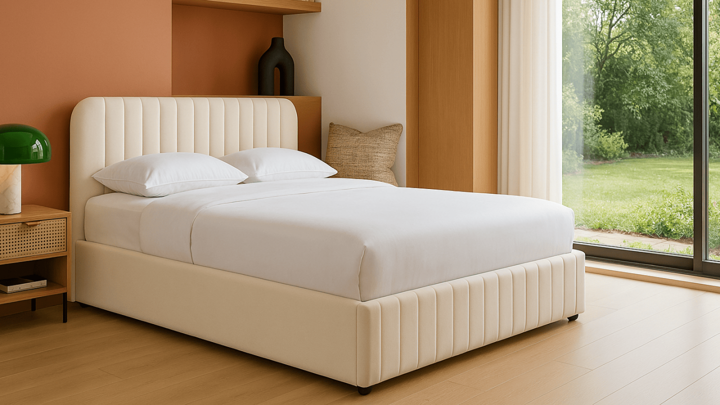 Ensemble Lit coffre adulte 140x190cm avec tête de lit en velours beige - Ava + Matelas mémoire de forme - Dual Confort Ensemble Lit coffre adulte 140x190cm avec tête de lit en velours beige - Ava + Matelas mémoire de forme - Dual Confort