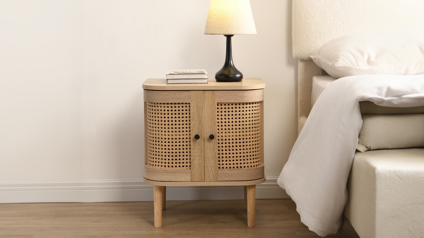 Ensemble Lit adulte 140x190 cm en velours côtelé vert kaki avec tête de lit en cannage Dalia + lot de 2 chevets Bali Ensemble Lit adulte 140x190 cm en velours côtelé vert kaki avec tête de lit en cannage Dalia + lot de 2 chevets Bali