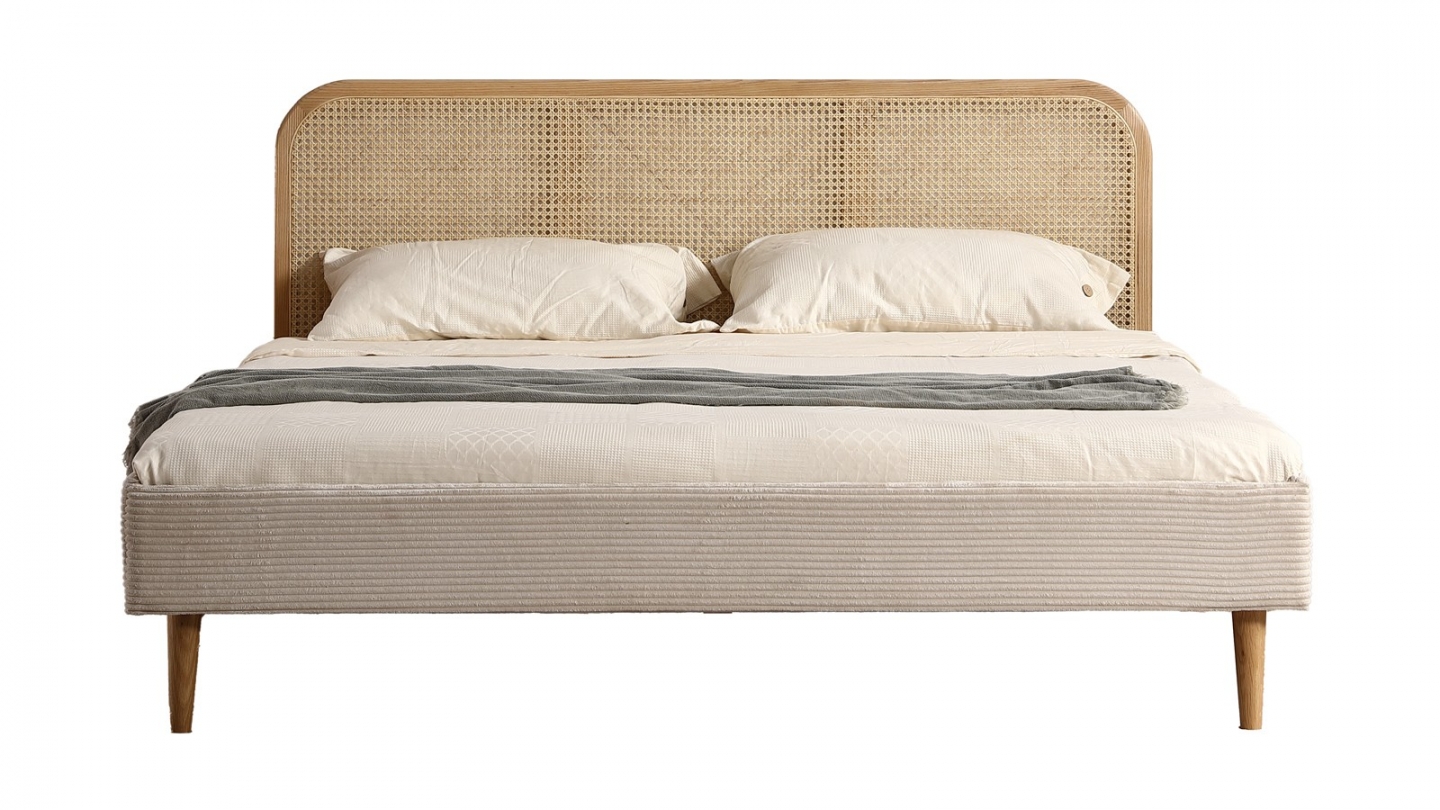 Ensemble Lit adulte 140x190 cm en velours côtelé beige avec tête de lit en cannage Dalia + lot de 2 chevets Bali Ensemble Lit adulte 140x190 cm en velours côtelé beige avec tête de lit en cannage Dalia + lot de 2 chevets Bali