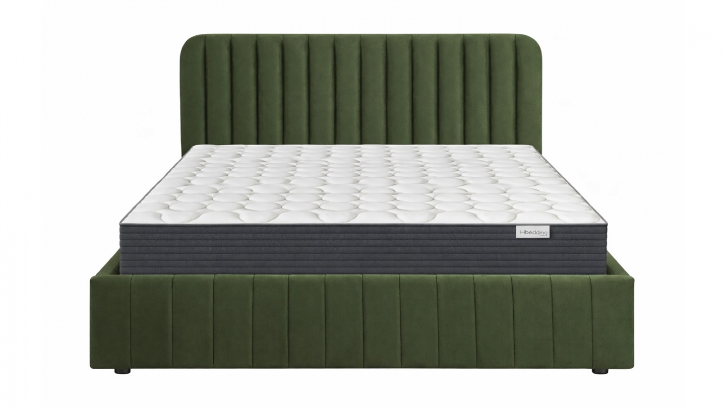 Ensemble Lit coffre adulte 140x190cm avec tête de lit en velours vert kaki - Ava + Matelas mémoire de forme - Memo HR Ensemble Lit coffre adulte 140x190cm avec tête de lit en velours vert kaki - Ava + Matelas mémoire de forme - Memo HR