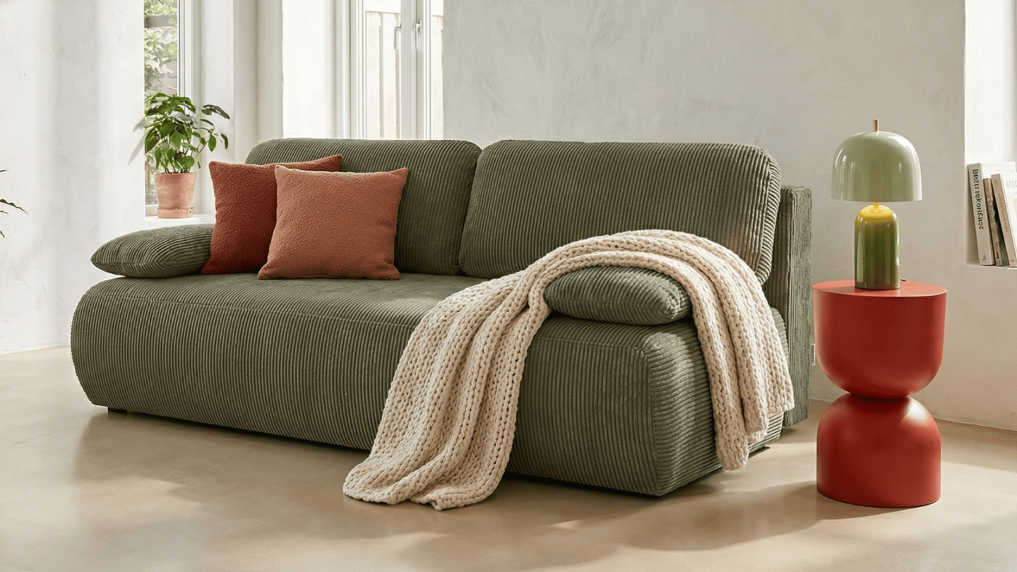 Canapé convertible 3 places avec coffre de rangement en velours côtelé vert kaki - Gemma Canapé convertible 3 places avec coffre de rangement en velours côtelé vert kaki - Gemma