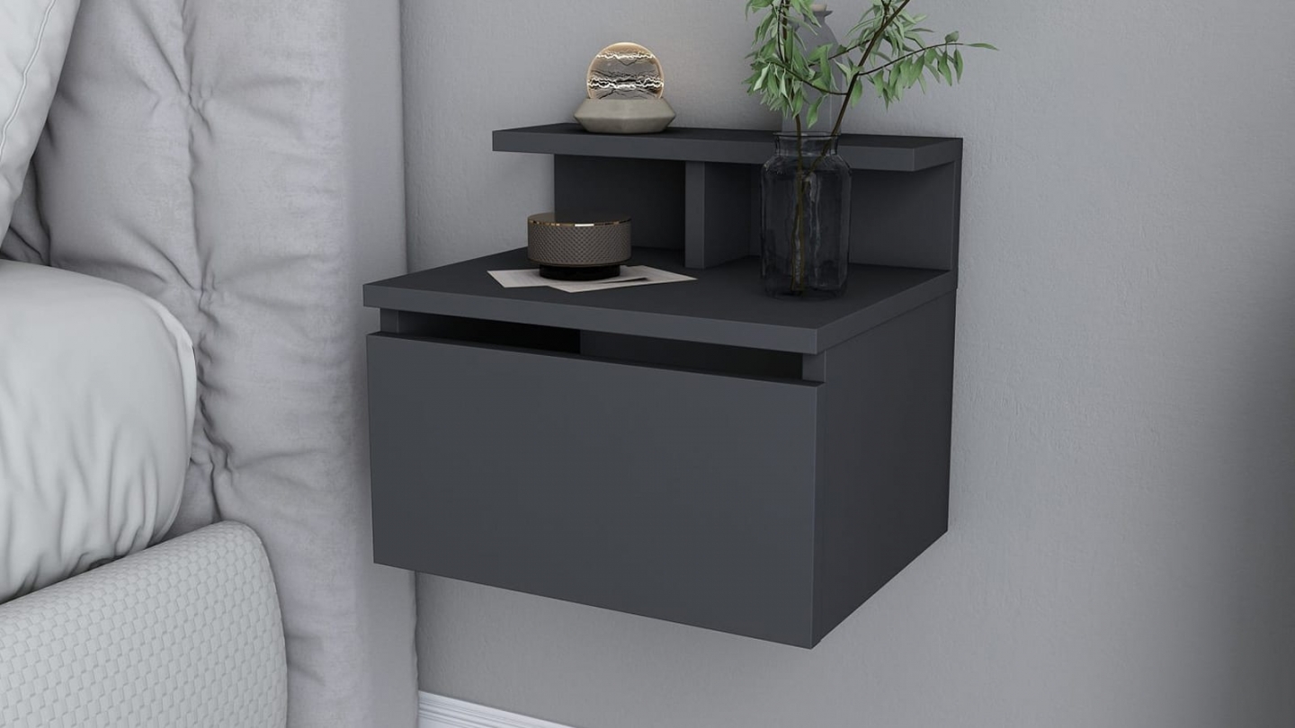 Table de chevet suspendue 1 porte gris anthracite 40 cm - Mara Table de chevet suspendue 1 porte gris anthracite 40 cm - Mara