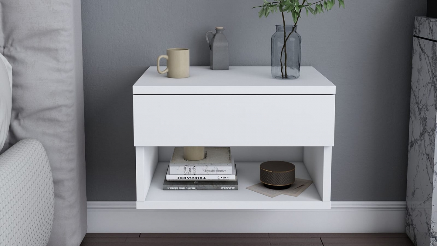 Table de chevet suspendue 1 troir 1 niche blanche 45 cm - Cosenza Table de chevet suspendue 1 troir 1 niche blanche 45 cm - Cosenza