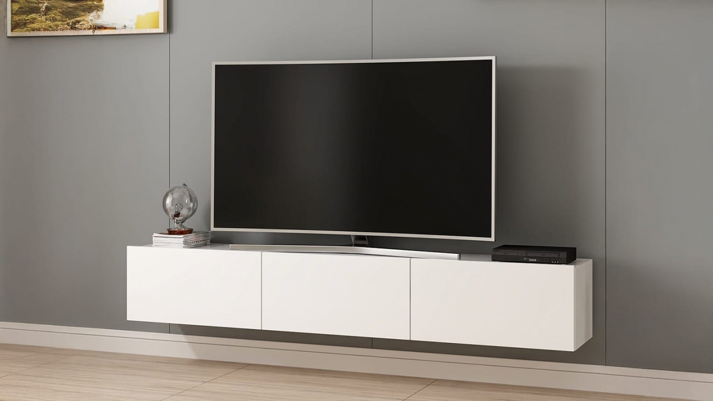 Meuble TV suspendu 3 portes blanc 180 cm - Veria Meuble TV suspendu 3 portes blanc 180 cm - Veria