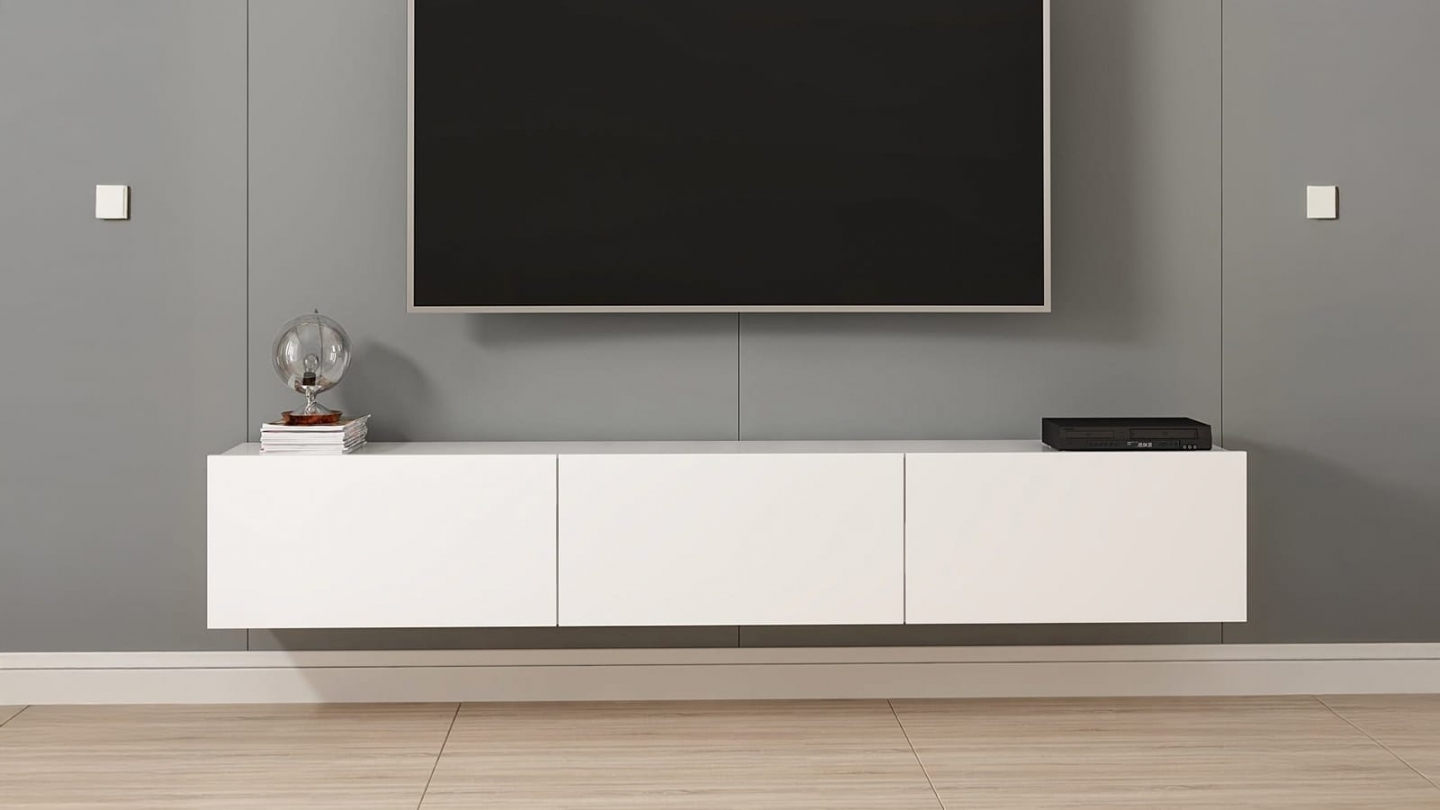 Meuble TV suspendu 3 portes blanc 180 cm - Veria Meuble TV suspendu 3 portes blanc 180 cm - Veria