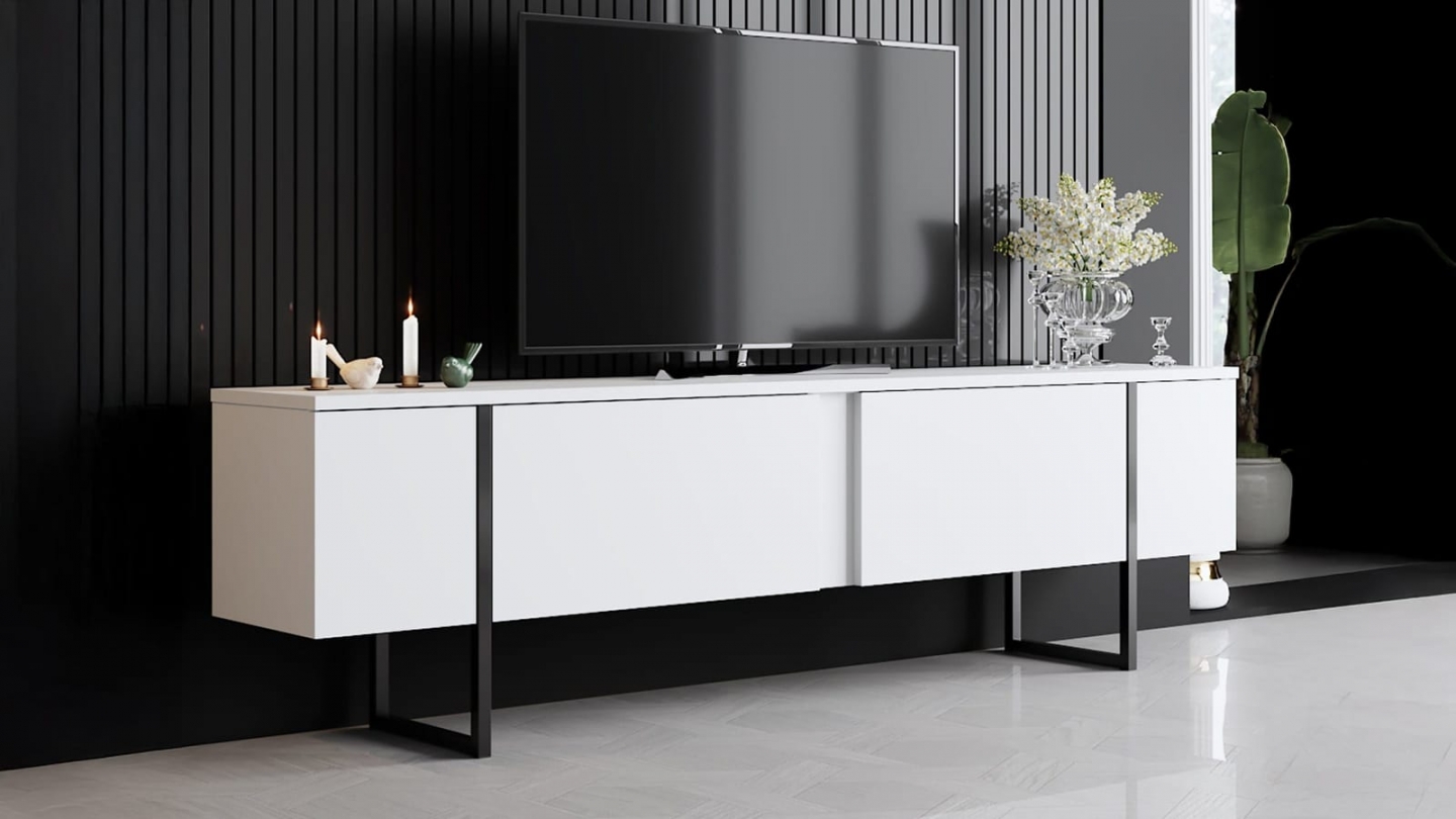 Meuble TV 2 portes blanc, piètement noir 180 cm - Celia Meuble TV 2 portes blanc, piètement noir 180 cm - Celia