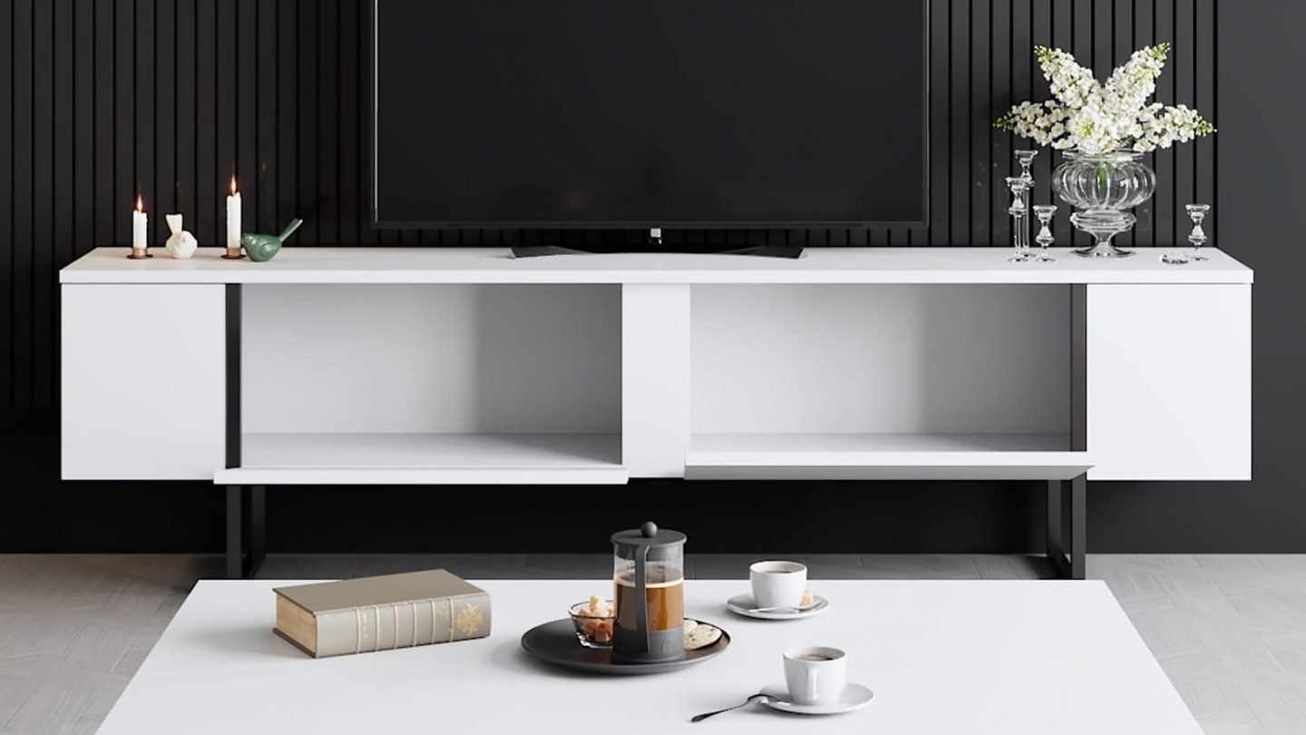 Meuble TV 2 portes blanc, piètement noir 180 cm - Celia Meuble TV 2 portes blanc, piètement noir 180 cm - Celia