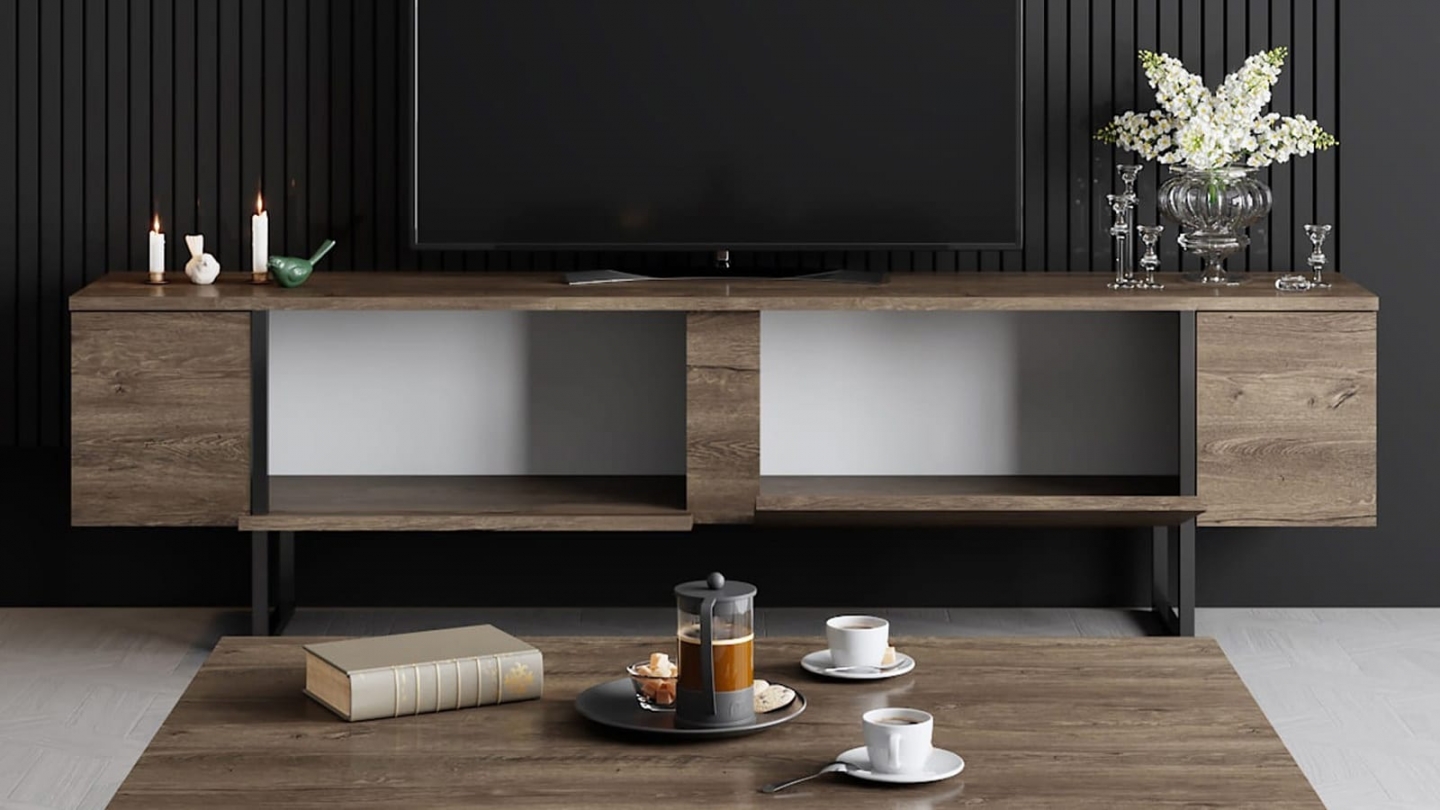 Meuble TV 2 portes effet Noyer, piètement noir 180 cm - Celia Meuble TV 2 portes effet Noyer, piètement noir 180 cm - Celia