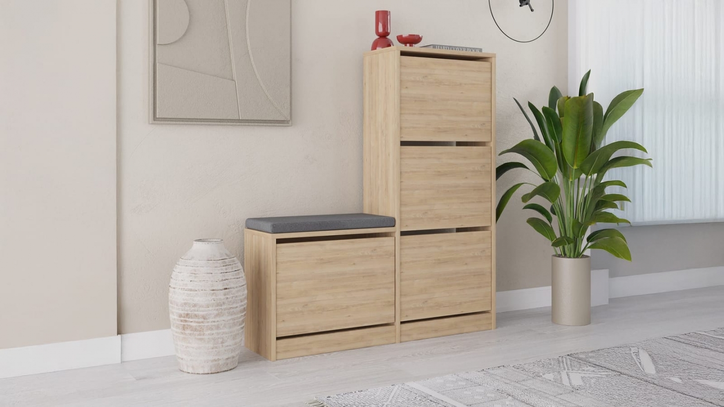 Meuble à chaussures 4 portes avec banc effet chêne 105 cm - Kira Meuble à chaussures 4 portes avec banc effet chêne 105 cm - Kira
