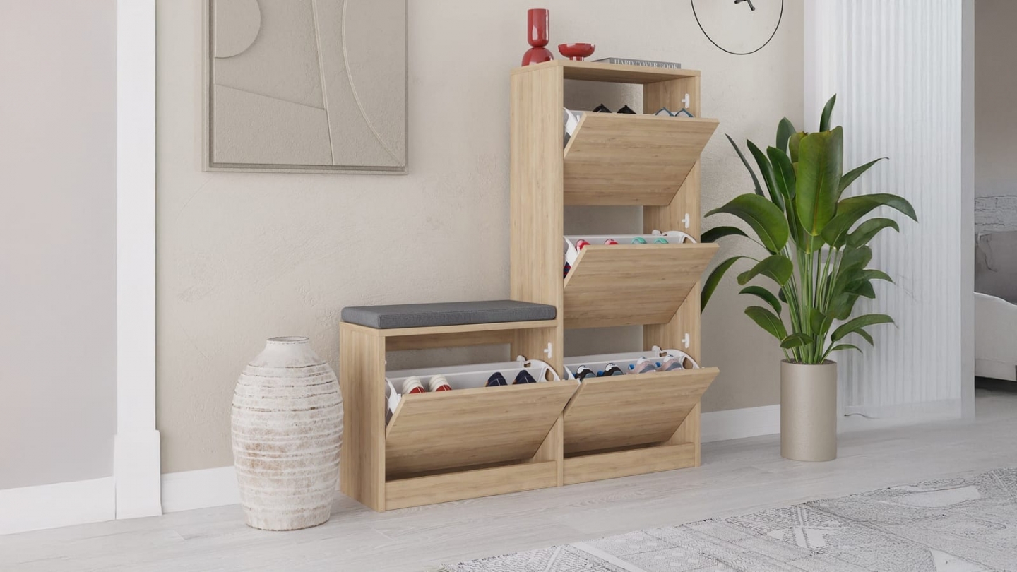 Meuble à chaussures 4 portes avec banc effet chêne 105 cm - Kira Meuble à chaussures 4 portes avec banc effet chêne 105 cm - Kira