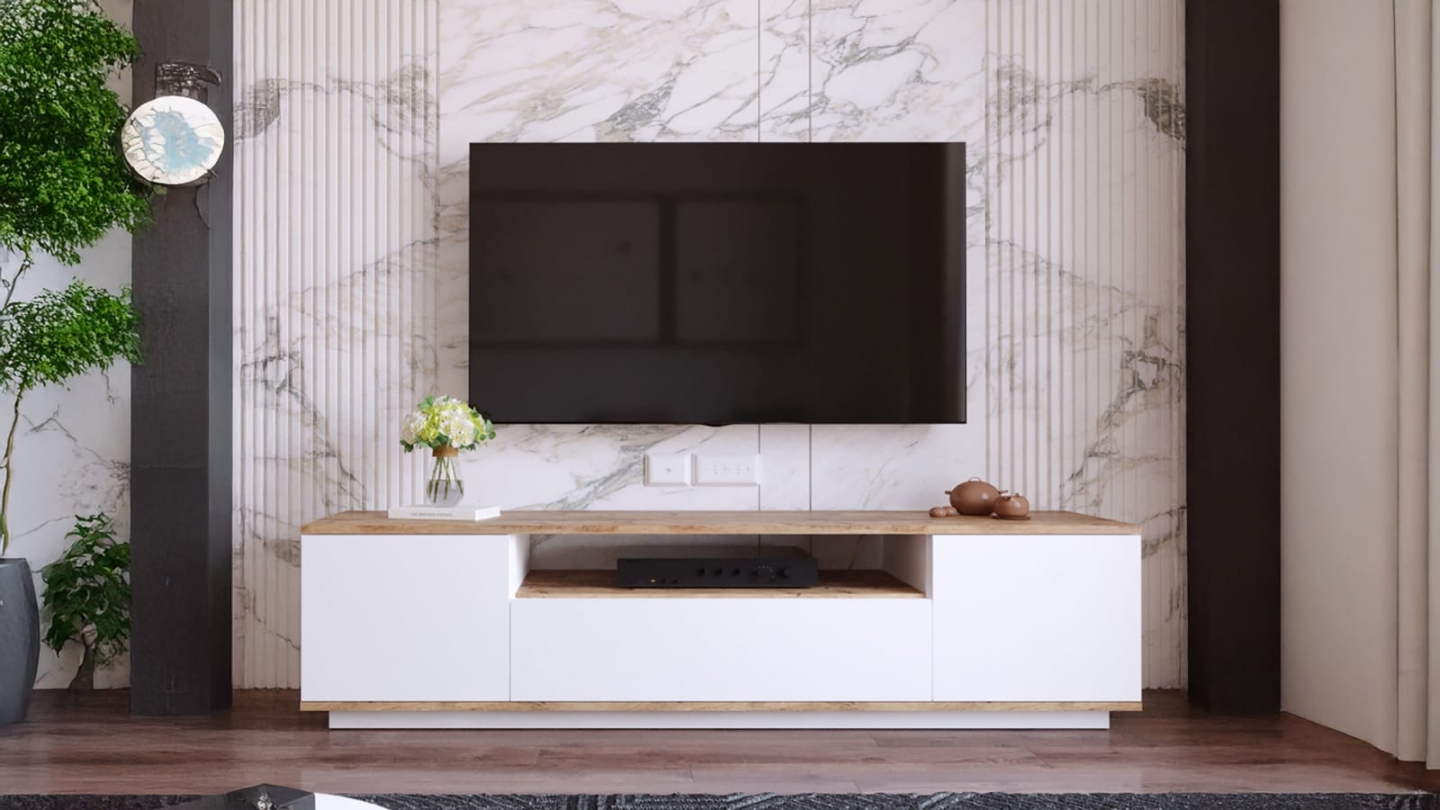 Meuble TV 3 portes blanc & effet bois 180 cm - Ravia Meuble TV 3 portes blanc & effet bois 180 cm - Ravia