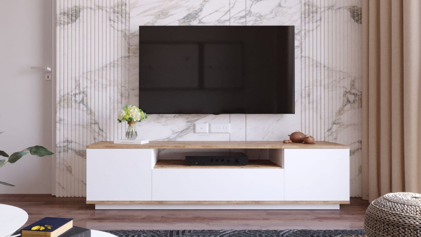 Meuble TV 3 portes blanc & effet bois 180 cm - Ravia Meuble TV 3 portes blanc & effet bois 180 cm - Ravia