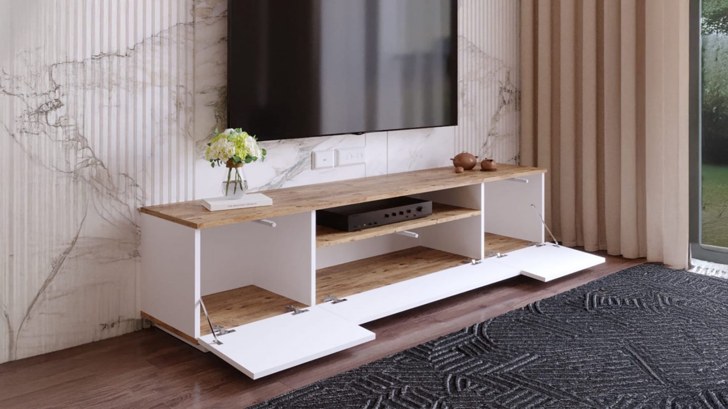 Meuble TV 3 portes blanc & effet bois 180 cm - Ravia Meuble TV 3 portes blanc & effet bois 180 cm - Ravia