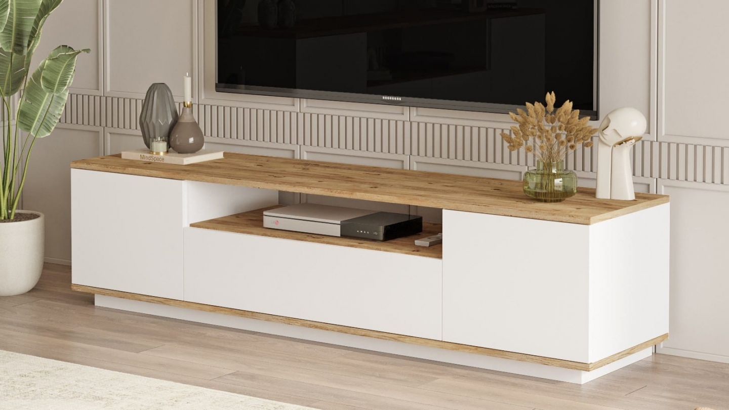 Meuble TV 3 portes blanc & effet bois 180 cm - Ravia Meuble TV 3 portes blanc & effet bois 180 cm - Ravia