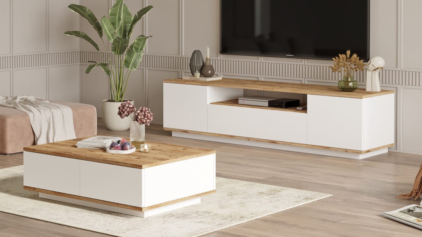 Ensemble meuble TV et table basse blanc & effet bois - Ravia Ensemble meuble TV et table basse blanc & effet bois - Ravia