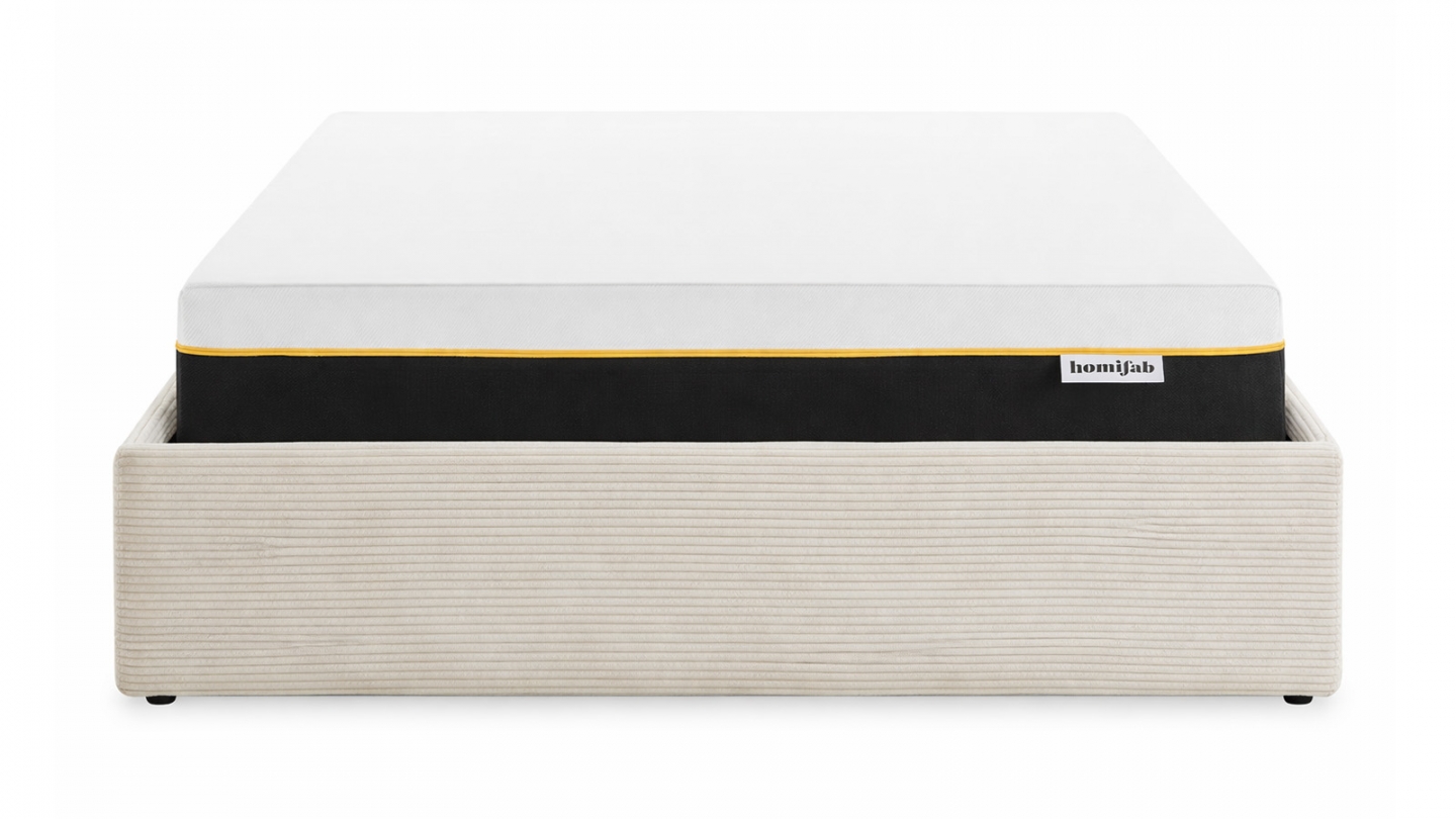 Ensemble Lit coffre adulte 140x190cm en velours côtelé beige avec sommier - Handy + Matelas mémoire de forme - Dual Confort Ensemble Lit coffre adulte 140x190cm en velours côtelé beige avec sommier - Handy + Matelas mémoire de forme - Dual Confort