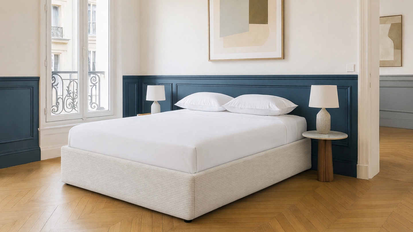 Ensemble Lit coffre adulte 160x200cm en velours côtelé beige avec sommier - Handy + Matelas mémoire de forme - Dual Confort Ensemble Lit coffre adulte 160x200cm en velours côtelé beige avec sommier - Handy + Matelas mémoire de forme - Dual Confort