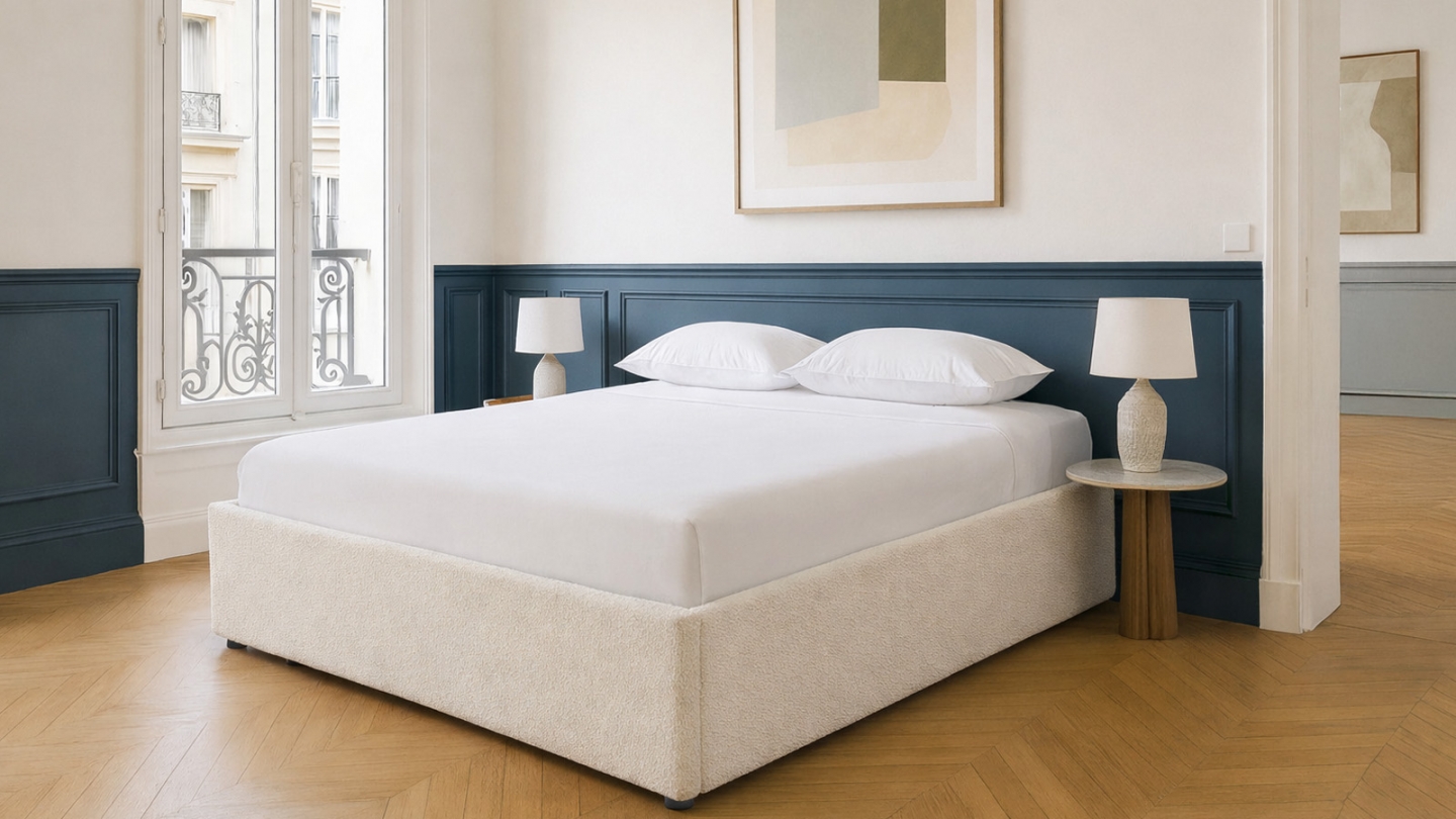 Ensemble Lit coffre adulte 180x200cm en tissu bouclé beige avec sommier - Handy + Matelas mémoire de forme - Dual Confort Ensemble Lit coffre adulte 180x200cm en tissu bouclé beige avec sommier - Handy + Matelas mémoire de forme - Dual Confort