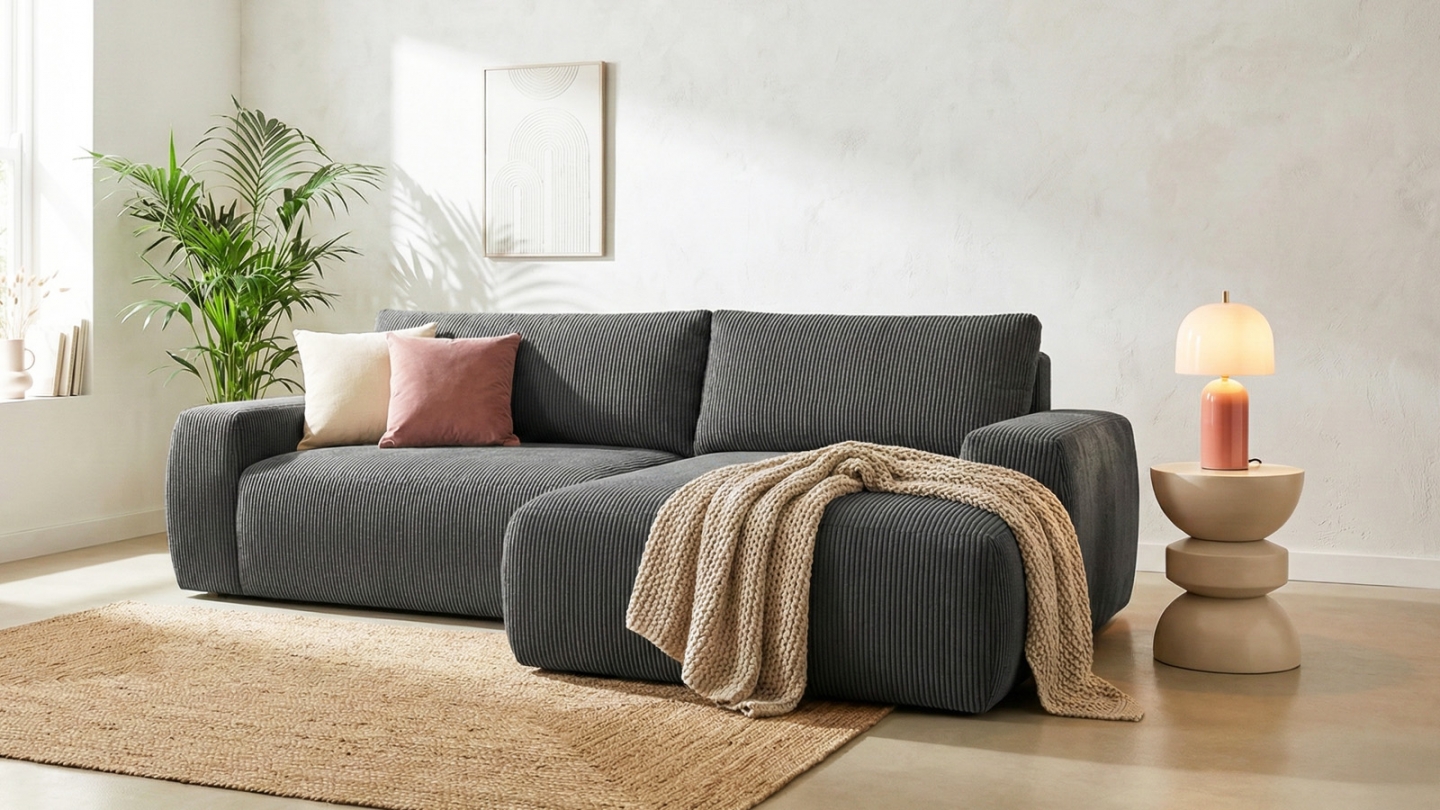 Canapé d'angle droit convertible 3 places en velours côtelé gris anthracite - Sonny Canapé d'angle droit convertible 3 places en velours côtelé gris anthracite - Sonny